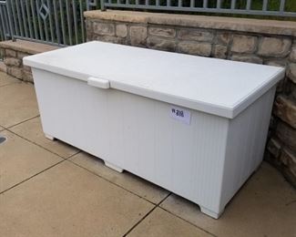 #218 ~ ($40) Large white storage box, fiberglass and very sturdy.  Arm inside is broken, but it stays open on its own without use of the arm.  69"W x 31"D x 29"H