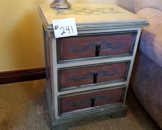 #241 ($30) ~ Painted  end table with wear seen.  Solid wood.  21"W x 18"D x 27"H.  Three drawers.  