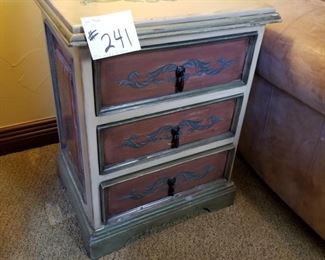 #241 ($30) ~ Painted  end table with wear seen.  Solid wood.  21"W x 18"D x 27"H.  Three drawers.  