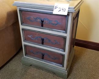 #240 ($30) ~ Painted  end table with wear seen.  Solid wood.  21"W x 18"D x 27"H.  Three drawers.  
