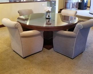 #258 ($250) Large solid cherry pedestal table measures 66" diameter 30"H.  Very good condition! Comes with protective glass top. (removable).  Chairs not included.  Chairs are $15 each
