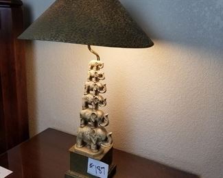 #187 ~ ($60)Table lamp of stacked elephants!  Measures 27" tall including shade. (2 available in home)