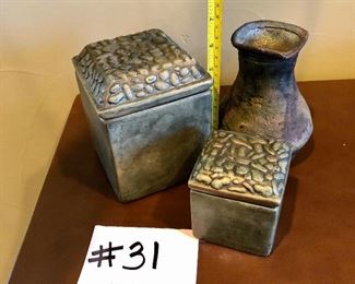#31 ~ ($20) set of 3 rustic pottery pieces.  2 ceramic boxes have lids.