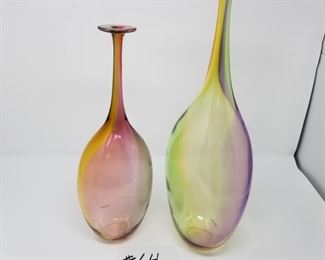 #KB-64  ($140) Set of 2 Kosta Boda Multi color glass vases/decor.  Signed by K. Engman.  17" and 14.5".  The shorter has a small nic at the lip.