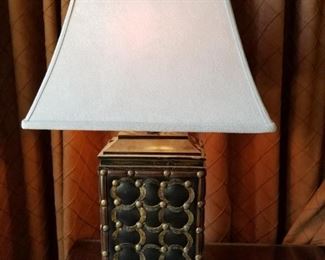 #402 ($15) Leather/metal  lamp.  32" tall.  Shows wear- Needs some tightening down.  Works fine