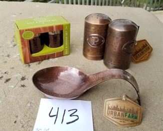 #413 ($25) set of copper salt & pepper shakers and spoon rest.  All solid copper. 