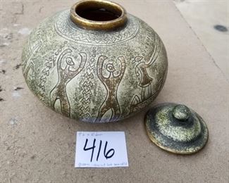 #416 ($30) pretty pottery vase with lid.  9"H x 10"diam. Green/beige tones.  