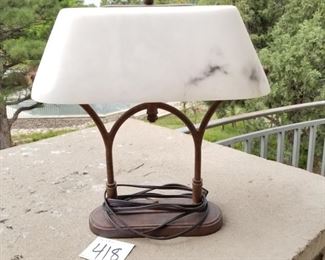 #418 ($60) Brown wrought iron table lamp with white glass shade.  HEAVY!   17"tall x 16"W