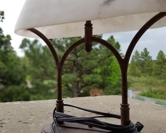 #418 ($60) Brown wrought iron table lamp with white glass shade.  HEAVY!   17"tall x 16"W