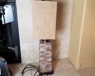 #421 ($60) Stone based table lamp with tan suede square shade.  27" tall