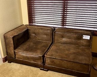 #300 ~ ($150) Pottery Barn Teen Cushy Lounge Loveseat-  Micro suede brown fabric- comes in two pieces- 68 " L x 33 " D x 26" H - 13" seat height *Light wear, dog hair is present* 