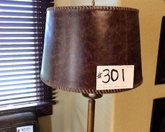 #301 ~ ($50) Floor Lamp w/ leather shade- 59" tall