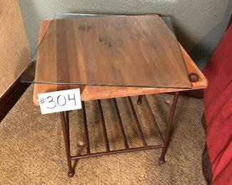 #304 ~ ($30) Pine end table/nightstand with iron base- Matches the queen size bed - Comes with glass top 24" x 24" x 22"H