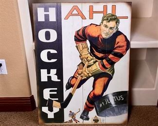 #306 ~ ($30) Custom Made Wall Hanging of vintage hockey player- Made of wood- 23 " x 31 "