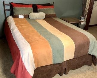 #308- ($25) Micro suede bedspread with pillows and bed skirt, queen size- Dry clean only, shows some stains