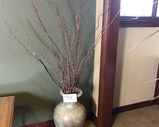 #310 ~ ($40) Ceramic Urn with real branches-  Very Heavy! Sage Green tone- 24" h - *a couple small nics on one side