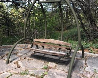 $300 Beautiful Heavy Duty Iron Garden Swing
Iron is in excellent condition- wood on seat shows wear but can easily be replaced in the future
Measures: 84" wide- 72"depth- 84" height 
-You will need to bring tools and help to load this very heavy iron swing 