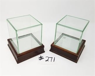 #271 ($20) 2 small glass display boxes with mirror base on wood base.  Boxes are 4" x 4".  All glass, no plastic.