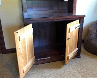 #551 ($150) Two piece  Pine Cabinet with Bookcase- *shows some wear to the wood, see photos for close up* Top measures: 44" W x 11" D x 57" H   - Bottom Measures: 45"W x 25"D x 63"H