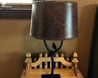 #554-($25) Metal Table Lamp with leather shade- 24"H