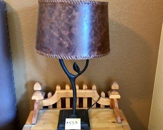 #553-($25) Metal Table Lamp with leather shade- 24"H