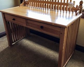 #555- ($50) Cute Pine Desk with little picket fence design - Shows some signs of wear, see close up photo- 48"w x 22"d x 36"H