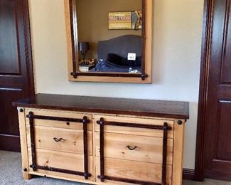 #550- ($150) Pine Dresser with matching mirror- 6 drawer- Shows wear to the wood, see photos of close up- 66"w x 18" d