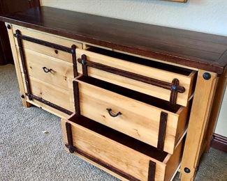 #550- ($150) Pine Dresser with matching mirror- 6 drawer- Shows wear to the wood, see photos of close up-  66"w x 18" d