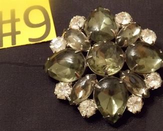 #9  Vintage Brooch green tone stones are little scratched everything intact clasp good $20 go to    Tas-Estate-Sales.com to purchase                  