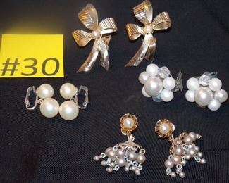 #30  Vintage earrings, top bow are coro, pearl earrings on the left (sm set) Marvella, all stones intact. $5 a set.  Go to Tas-Estate-Sales.com to purchase.