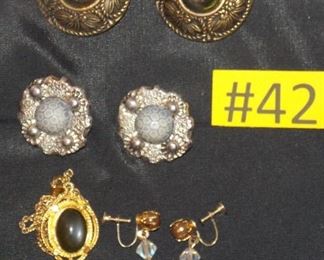 #42 Vintage clip and screw on earring one necklace which measures 13 inches long $5 each. Go to Tas-Estate-Sales.com to purchase.