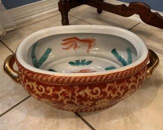 6A   Gorgeous Chinese Bowl with Koi and Gold Handles.  19 Long x 11 wide $75