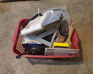 Lot of Miscellaneous Tools. Screws and Hardware in Red Basket
