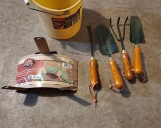 Lot of Hand Yard Tools, Water Hose Hanger.and Bucket
