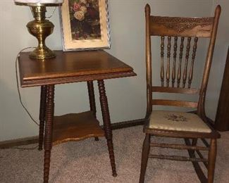 Antique lamp, table, chair