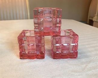 3 Pink glass votive holders,  2.5" square,   $10