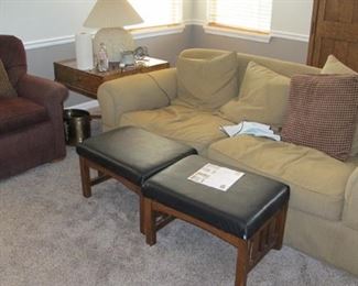 Family room suite. Priced individually. $20.00 Burg. Chair, $100.00 Gold Sofa Not for Sale. (Faux leather foot stools are SOLD)