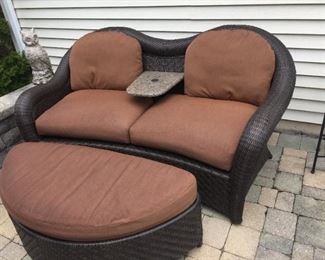 $295.00 Rattan 6 ft Loveseat & table w/cushions
