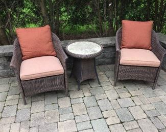 $195.00 Pair Rattan chairs with table & cushions