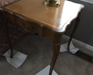$200.00 Pair of Leather top mid century country french end tables. 26 x 24 x 24