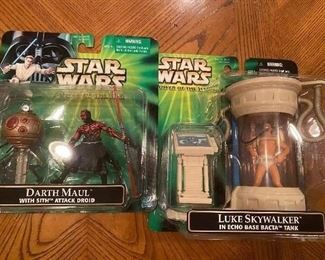 Star Wars Action Figures; Darth Maul(w sith attack droid), Luke Skywalker(in echo base bacta tank)