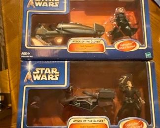 Star Wars Attack of the clones Action Figures: Anakin Skywalker SAGA- Swoop Bike, DARTH TYRANUS' GEONOSIAN SPEEDER BIKE.  $25 for both
