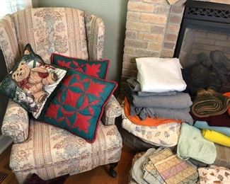 Wing back chair, pillows, blankets, throws and quilts 