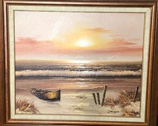 beach scene painting, signed 