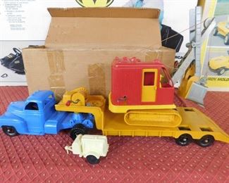 Old Plastic Marx Tractor Trailer Steam Shovel Hauler, Steam Shovel and Generator(MIB)