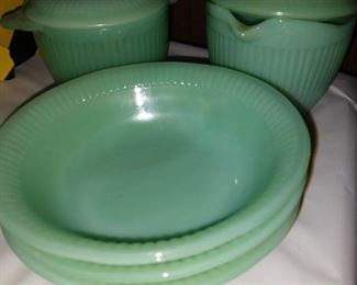 Jadeite, sugar bowl and creamer. The small desert bowls have been sold to a relative.