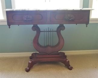 Marble  Top Table with Lyre Base and Two Drawers $175