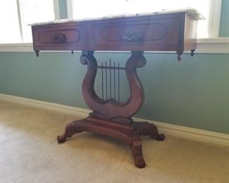 Marble  Top Table with Lyre Base and Two Drawers $175