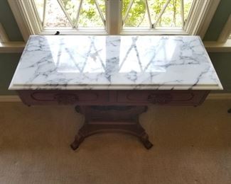 Marble  Top Table with Lyre Base and Two Drawers $175
