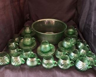 Vintage Hand Blown Green Glass Punch Set